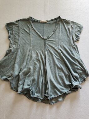 We The Free Flowy Panel-Seam Distressed Hem V-Neck Tee in Sage Green Size Small